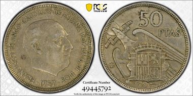 1957 50 Pta (1958) U.G.L. edge XF45