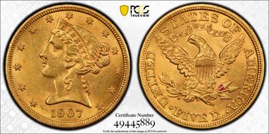 1907 $5 MS62