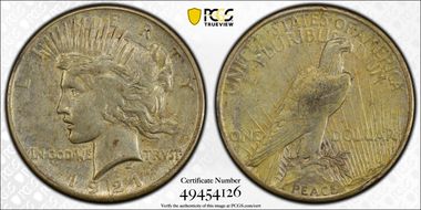 1921 $1 High Relief, Peace AU50