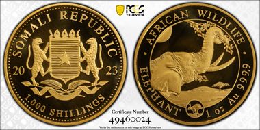 2023 1000 S African Elephant 1oz Au African Wildlife MS69