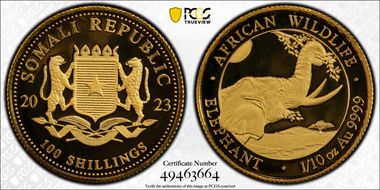 2023 100 Shil African Elephant 1/10 oz Au MS69