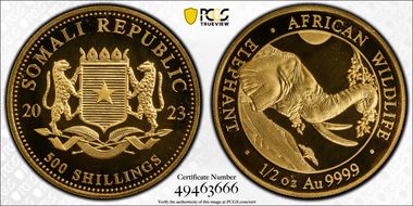 2023 500 Shil African Elephant 1/2 oz Au MS69
