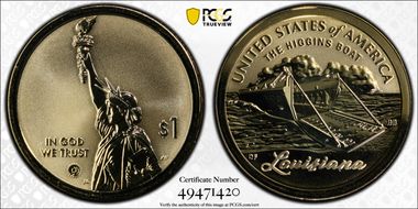 2023-S $1 American Innovation LA Rev PR The Higgins Boat First Strike PR70