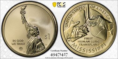 2023-S $1 American Innovation MS Rev PR 1st Human Lung Transplant First Strike PR69