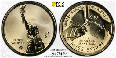 2023-S $1 American Innovation MS Rev PR 1st Human Lung Transplant First Strike PR69