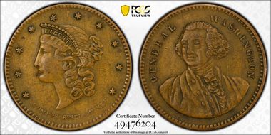 (c.1860) Token GW-405 Brass, Washington Compos. Spiel-Münze XF45