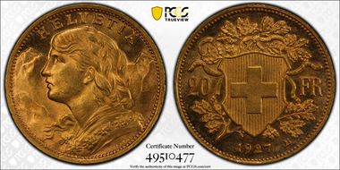 1927 B 20 Fr KM-35.1  Au MS65