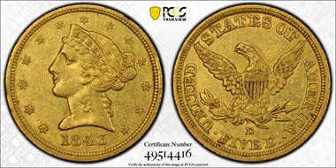 1843-D $5 Medium D AU50