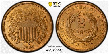 1865 2C Plain 5 MS65BN