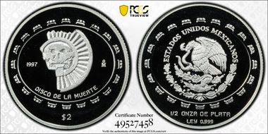 1997-Mo 2 Peso Disco de la Muerte KM-618  Ag PR69DCAM