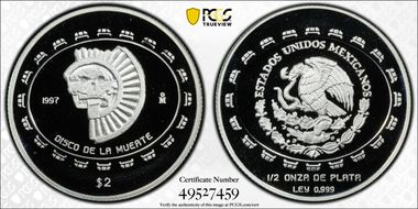 1997-Mo 2 Peso Disco de la Muerte KM-618  Ag PR69DCAM
