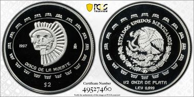 1997-Mo 2 Peso Disco de la Muerte KM-618  Ag PR70DCAM
