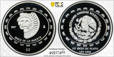 1997-Mo 2 Peso Disco de la Muerte KM-618  Ag PR70DCAM