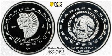 1997-Mo 2 Peso Disco de la Muerte KM-618  Ag PR69DCAM