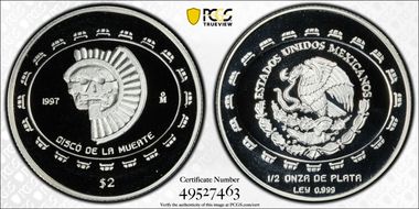 1997-Mo 2 Peso Disco de la Muerte KM-618  Ag PR70DCAM