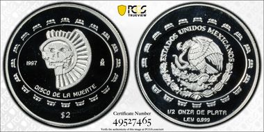 1997-Mo 2 Peso Disco de la Muerte KM-618  Ag PR69DCAM