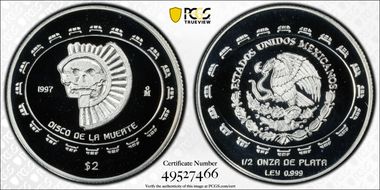 1997-Mo 2 Peso Disco de la Muerte KM-618  Ag PR70DCAM
