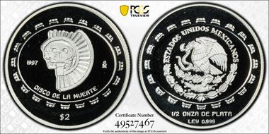 1997-Mo 2 Peso Disco de la Muerte KM-618  Ag PR69DCAM
