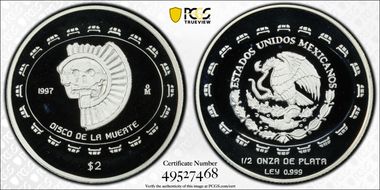1997-Mo 2 Peso Disco de la Muerte KM-618  Ag PR69DCAM