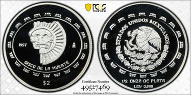 1997-Mo 2 Peso Disco de la Muerte KM-618  Ag PR69DCAM