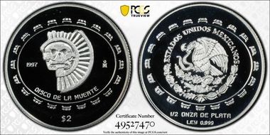 1997-Mo 2 Peso Disco de la Muerte KM-618  Ag PR69DCAM