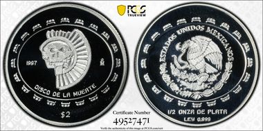 1997-Mo 2 Peso Disco de la Muerte KM-618  Ag PR70DCAM
