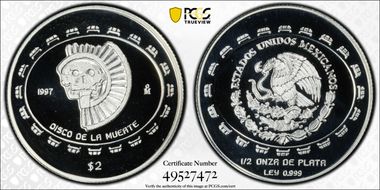 1997-Mo 2 Peso Disco de la Muerte KM-618  Ag PR69DCAM