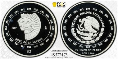 1997-Mo 2 Peso Disco de la Muerte KM-618  Ag PR68DCAM