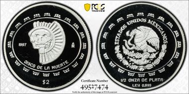 1997-Mo 2 Peso Disco de la Muerte KM-618  Ag PR69DCAM