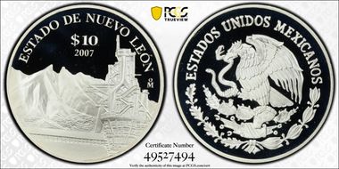 2007-Mo 10 Peso Nuevo Leon KM-834  Ag PR69DCAM