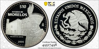 2006-Mo 10 Peso Morelos KM-832  Ag PR70DCAM