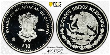 2004-Mo 10 Peso Michoacan de Ocampo KM-796  Ag PR68DCAM