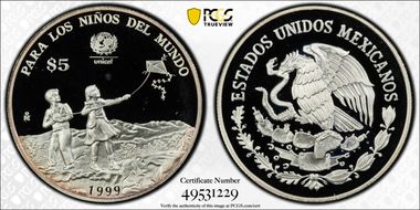 1999-Mo 5 Peso UNICEF KM-640  Ag PR68DCAM