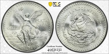 1989-Mo Onza Libertad Ag w/o Dot before 999 MS67