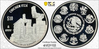 (2011)-Mo 10 Peso Chichen Itza KM-948 Templo de los Guerreros PR69DCAM