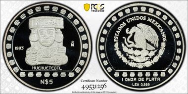 1993-Mo 5 Peso Huehueteotl KM-649  Ag PR69DCAM