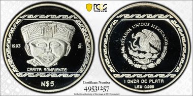 1993-Mo 5 Peso Carita Sonriente T-1 KM-584  Ag PR69DCAM