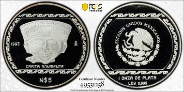 1993-Mo 5 Peso Carita Sonriente T-1 KM-584  Ag PR69DCAM