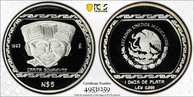 1993-Mo 5 Peso Carita Sonriente T-1 KM-584  Ag PR69DCAM