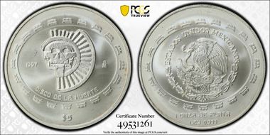 1997-Mo 5 Peso Disco de la Muerte KM-619  Ag MS68
