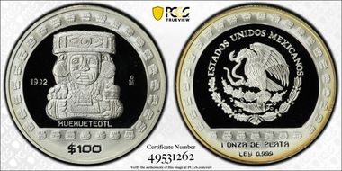 1992-Mo 100 P Huehueteotl KM-564  Ag PR69DCAM