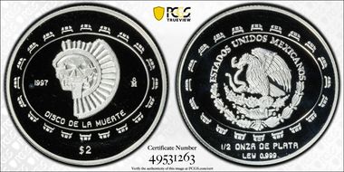 1997-Mo 2 Peso Disco de la Muerte KM-618  Ag PR69DCAM