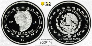 1997-Mo 2 Peso Disco de la Muerte KM-618  Ag PR69DCAM