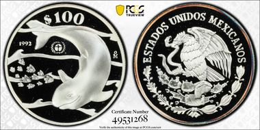 1992-Mo 100 P Vaquita Porpoise KM-566  Ag PR69DCAM