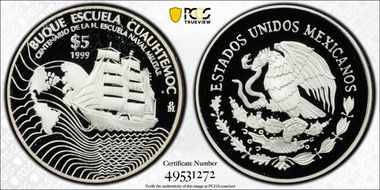 1999-Mo 5 Peso Navy School Centennial Cuauhtemoc KM-635 Ag PR69DCAM