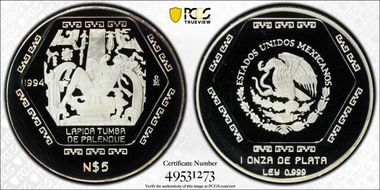 1994-Mo 5 Peso Tumba de Palenque KM-575 Ag PR69DCAM