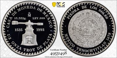1992-Mo 1/2 oz Piedra De Los Soles Ag PR69DCAM