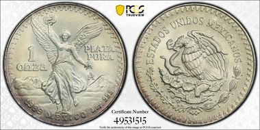 1989-Mo Onza Libertad Ag w/o Dot before 999 N1