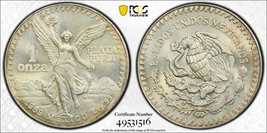 1989-Mo Onza Libertad Ag w/o Dot before 999 MS67