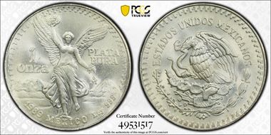 1989-Mo Onza Libertad Ag w/o Dot before 999 MS67